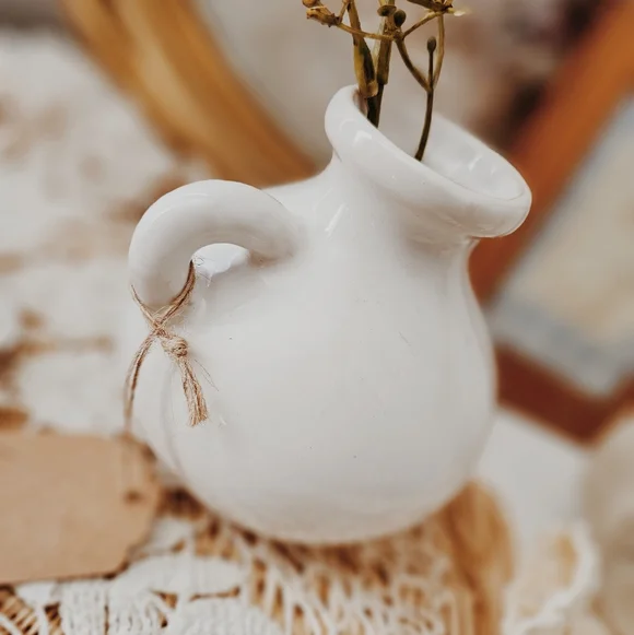 Small Dainty White Ceramic Vase With Handle - Picture 2 of 3
